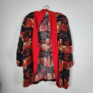 Vintage AKF Womens Medium Artsy Red Black Open Front Long Sleeves Cardigan